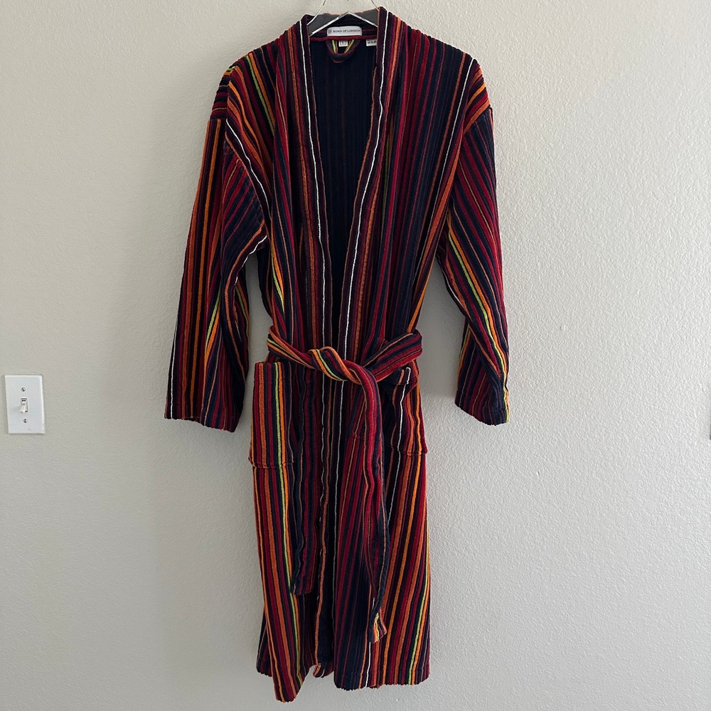 Bown of London Bathrobe Mens Large Multicolor Striped Cotton Terry Luxury Robe